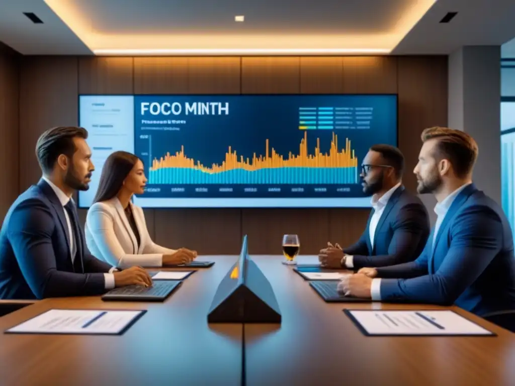 Equipo profesional analizando gráficos financieros en sala moderna Equipo diverso analizando gráficos financieros en sala moderna, destacando la gestión de riesgos inversiones inmobiliarias