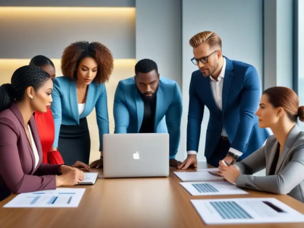 Equipo de profesionales analizando informes financieros en oficina moderna Equipo diverso analizando informes financieros y datos inmobiliarios en una sala luminosa y profesional