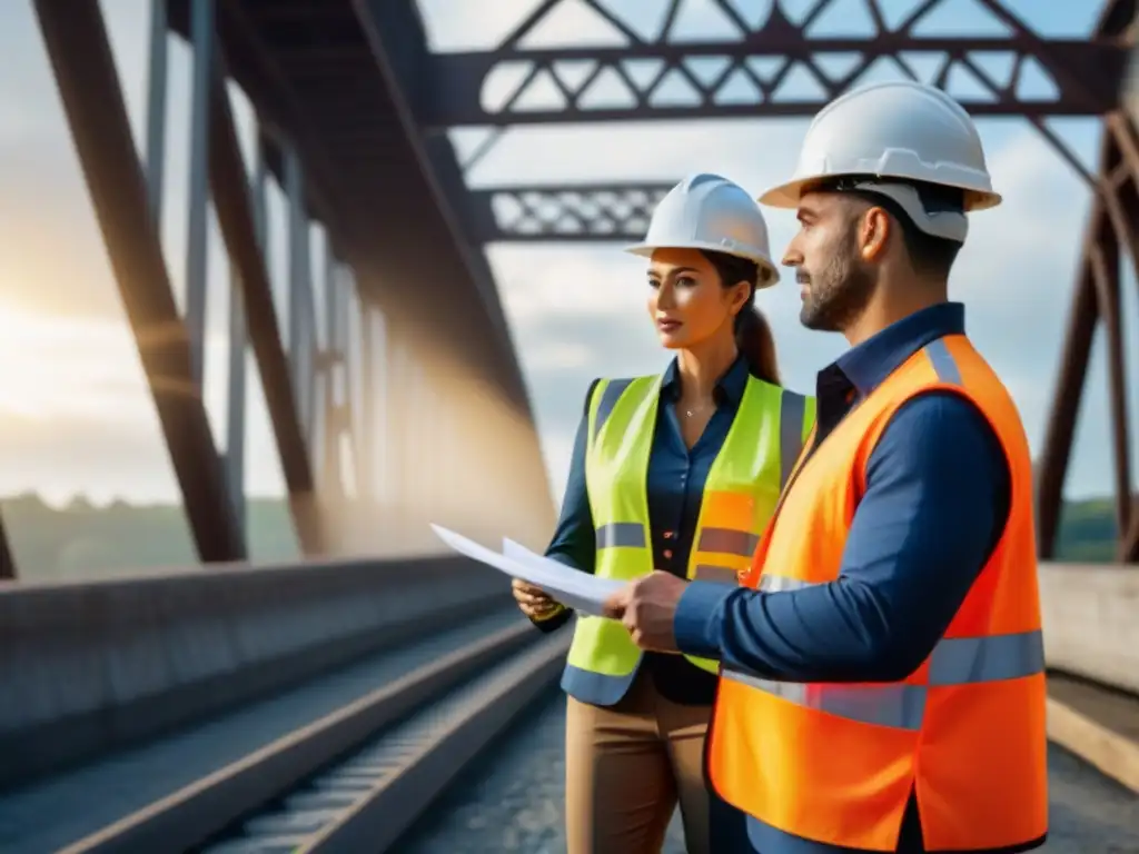 Equipo experto restaurando puente histórico con innovación Un equipo diverso de ingenieros y arquitectos colabora en la restauración sostenible de un puente histórico, mostrando innovación y compromiso