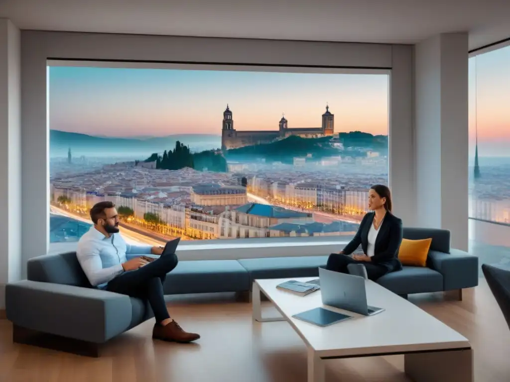 Oficina inmobiliaria moderna en España: innovación y colaboración Equipo diverso de una inmobiliaria en España ideando estrategias de marketing para vender propiedades