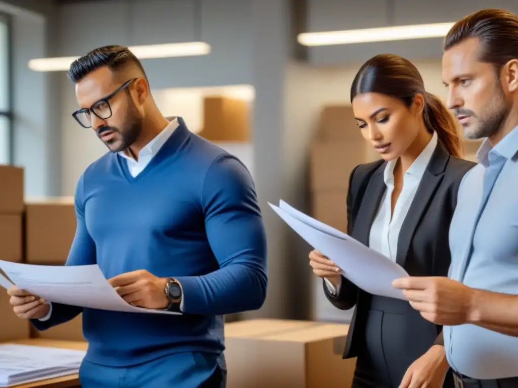 Equipo de profesionales en diligente Due Diligence inmobiliaria Equipo diverso examina documentación y realiza inspecciones en propiedad de remate, destacando la importancia de la Due Diligence