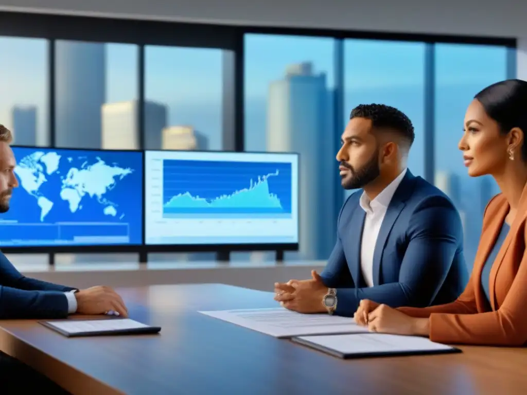Equipo diverso de inversores inmobiliarios analizando datos en sala moderna Un equipo diverso de inversores inmobiliarios en una sala moderna y luminosa analizando datos de mercado y herramientas para inversores inmobiliarios