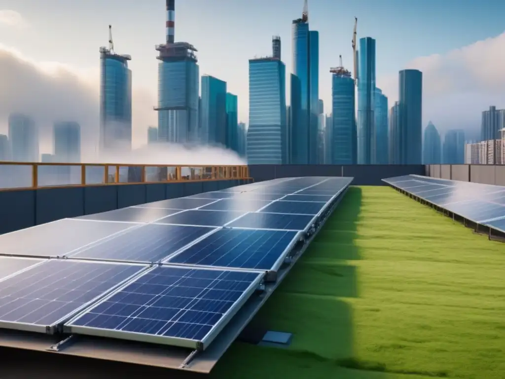 Equipo diverso instala materiales ecoamigables en construcción sostenible urbana futurista