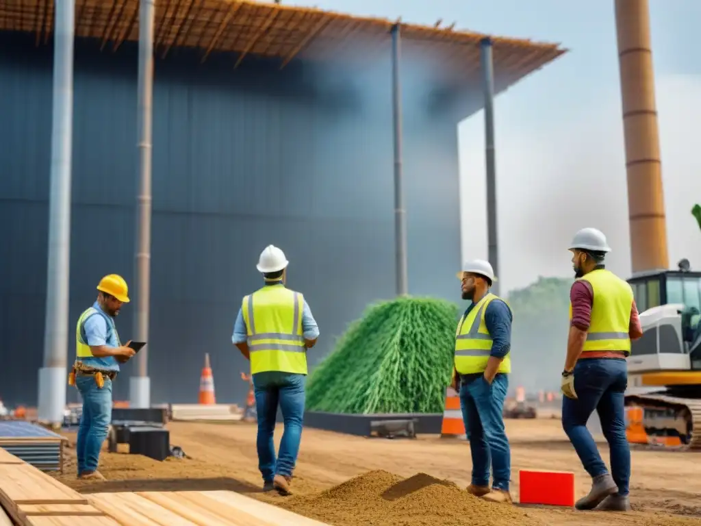 Equipo diverso construyendo con materiales ecoamigables en sitio de construcción sostenible