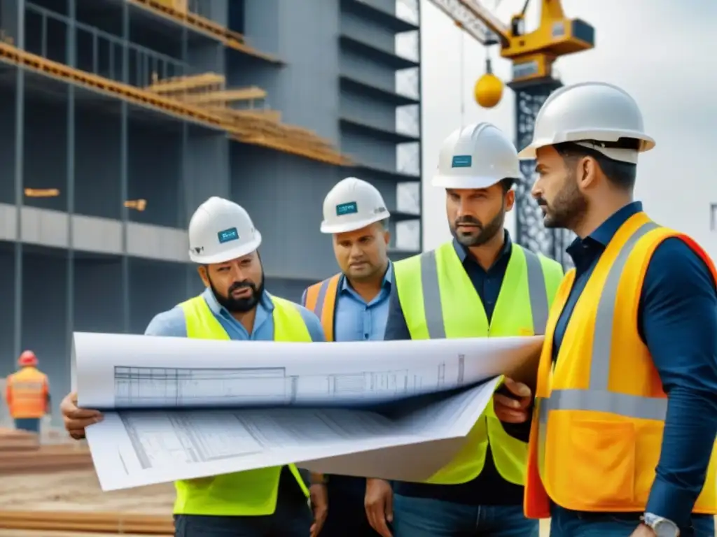 Equipo diverso en obra de construcción de rascacielos Equipo diverso en obra de construcción de rascacielos, mostrando implicaciones código técnico edificación