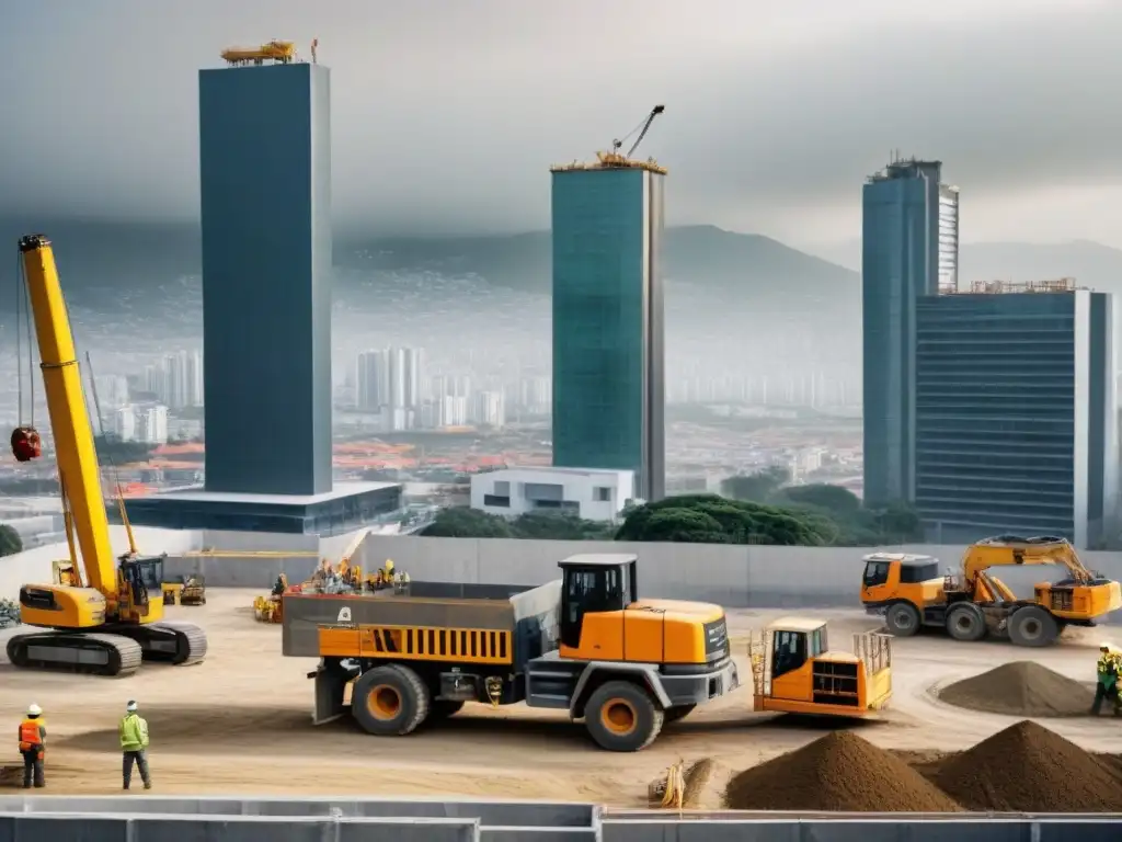 Equipo de construcción en acción: México moderno Equipo diverso en obra moderna en México, respetando normativas locales seguridad estructural México