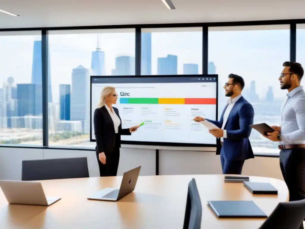 Equipo diverso de profesionales de SEO en oficina inmobiliaria moderna Equipo diverso en oficina de bienes raíces moderna, trabajando en estrategias de SEO para bienes raíces avanzado