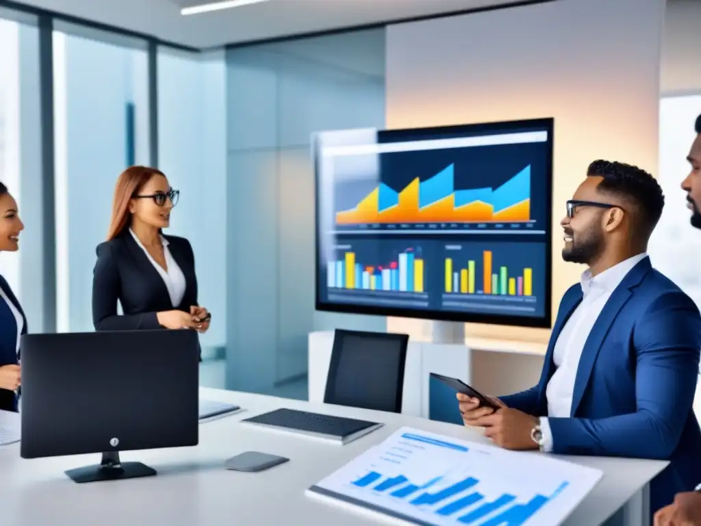 Profesionales innovadores en sesión de brainstorming en oficina moderna Equipo diverso en oficina luminosa, colaborando con gráficos en pantallas digitales