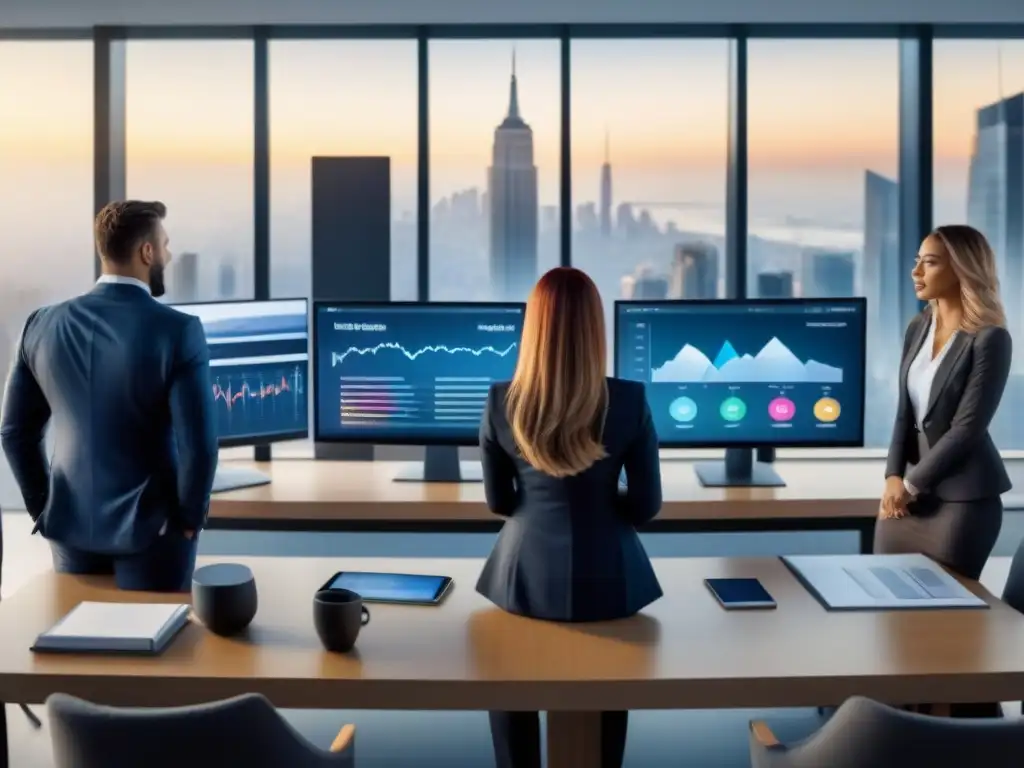 Inversión inmobiliaria colaborativa: equipo diverso en oficina moderna Un equipo diverso trabaja en una oficina moderna, discutiendo inversiones en crowdfunding inmobiliario