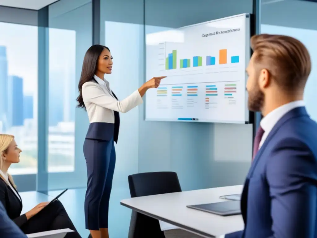 Oficina moderna: colaboración estratégica en acción Equipo diverso en oficina moderna, con estrategias financieras en pizarra