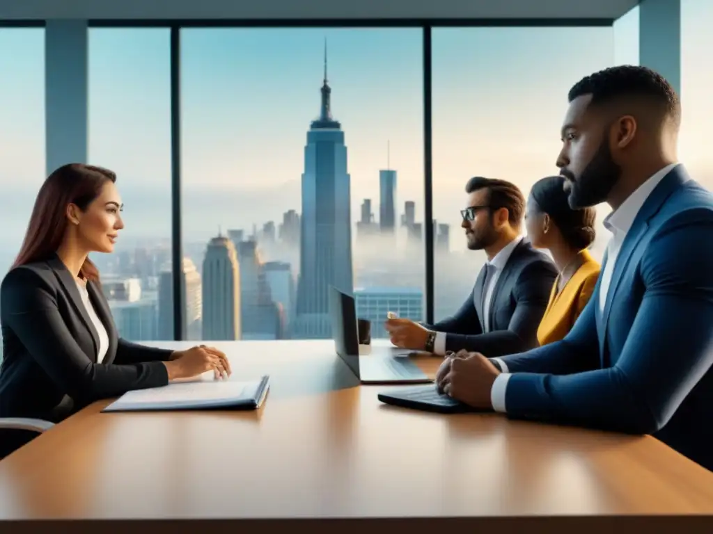 Equipo diverso en animada reunión sobre derivados inmobiliarios Equipo diverso en oficina moderna discutiendo sobre productos derivados inmobiliarios, destacando la mitigación de riesgos