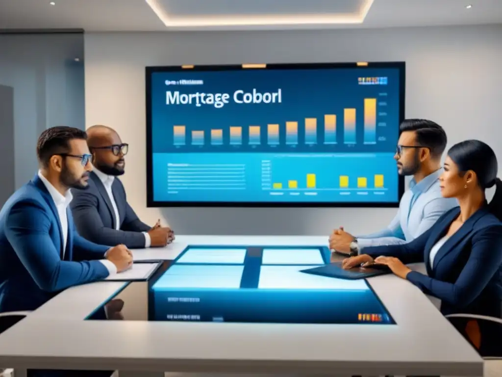 Equipo diverso colaborando en oficina ultramoderna, analizando documentos hipotecarios y estrategias con gráficos en pantalla digital