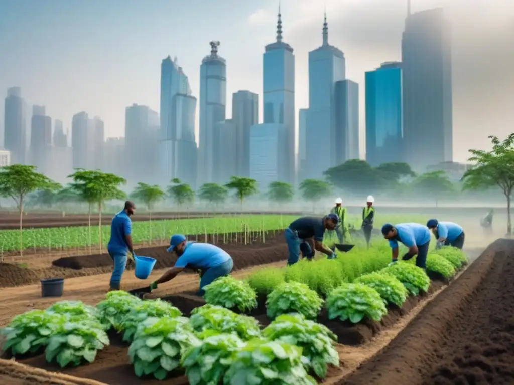 Transformación verde: Restauración sostenible de paisaje urbano Equipo diverso restaurando paisajes con diseño sostenible, transformando tierras áridas en ecosistema próspero, integrando la ciudad