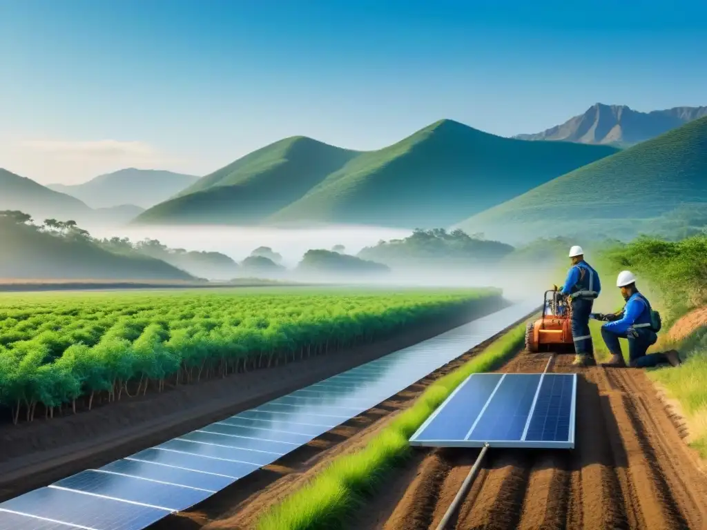 Equipo ecofuturista restaura paisaje con tecnología verde Un equipo diverso restaura paisajes en un escenario futurista, uniendo naturaleza y tecnología contra el cambio climático