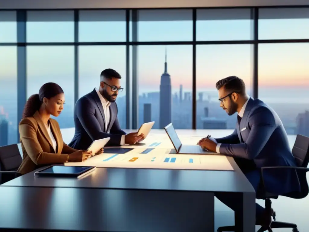 Equipo diverso de profesionales enfocados en la estrategia Equipo diverso revisando planes financieros y proyectos en tabletas digitales en una moderna sala con luz natural