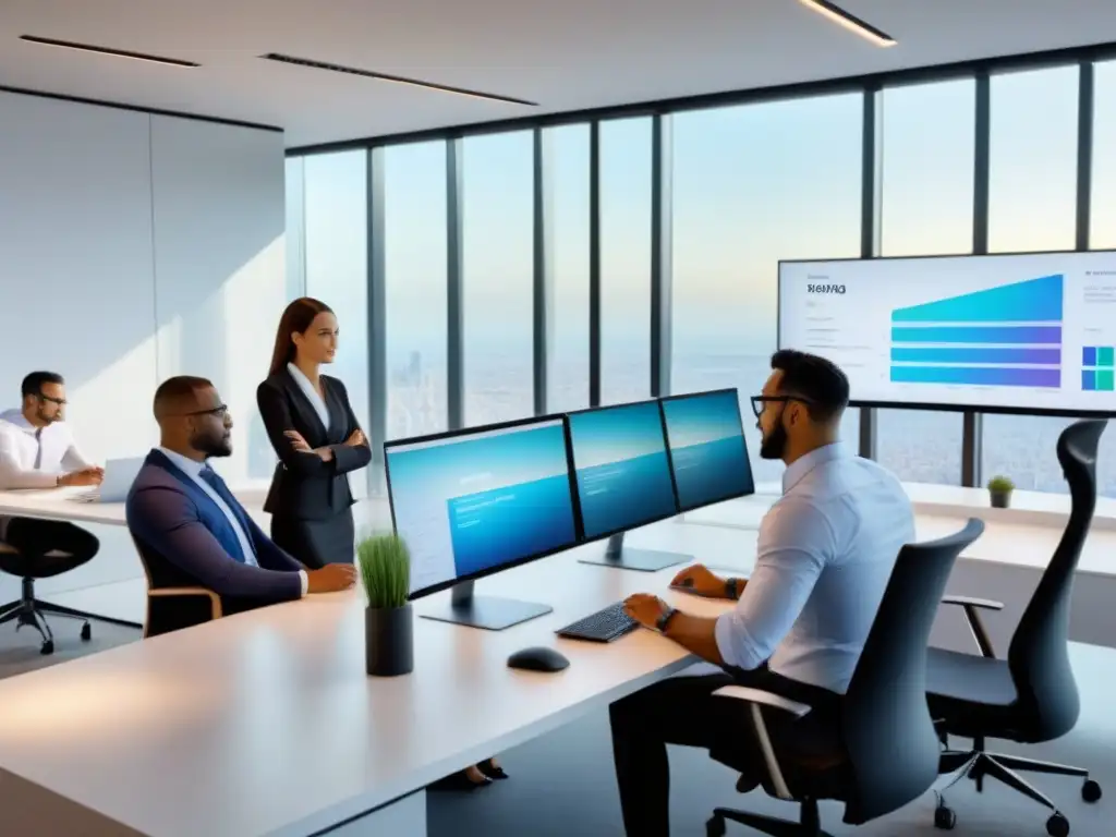 Equipo diverso gestionando hipotecas con tecnología innovadora Un equipo diverso y profesional usando las mejores tecnologías de gestión hipotecaria en una oficina innovadora y luminosa
