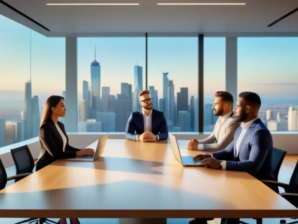 Equipo diverso en reunión profesional 8k Un equipo diverso y profesional discute sobre Gestión de riesgos en bienes raíces en una moderna oficina luminosa