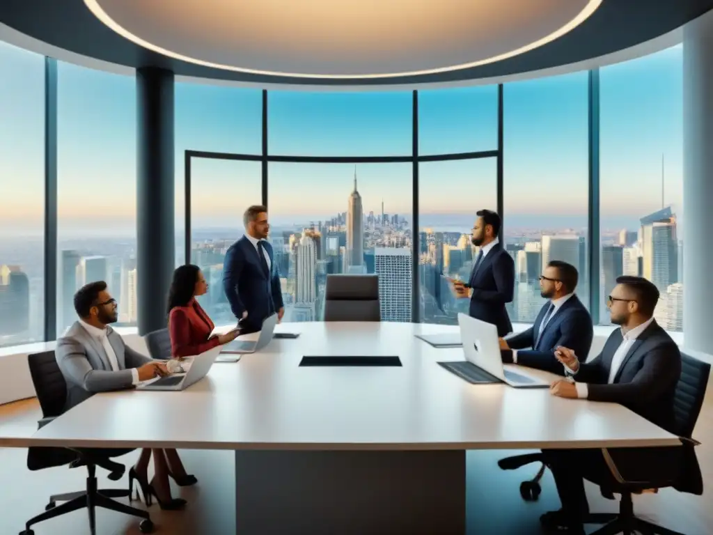 Profesionales discutiendo estrategias contra corrupción inmobiliaria Un equipo diverso de profesionales denuncia corrupción en mercado inmobiliario en una oficina moderna