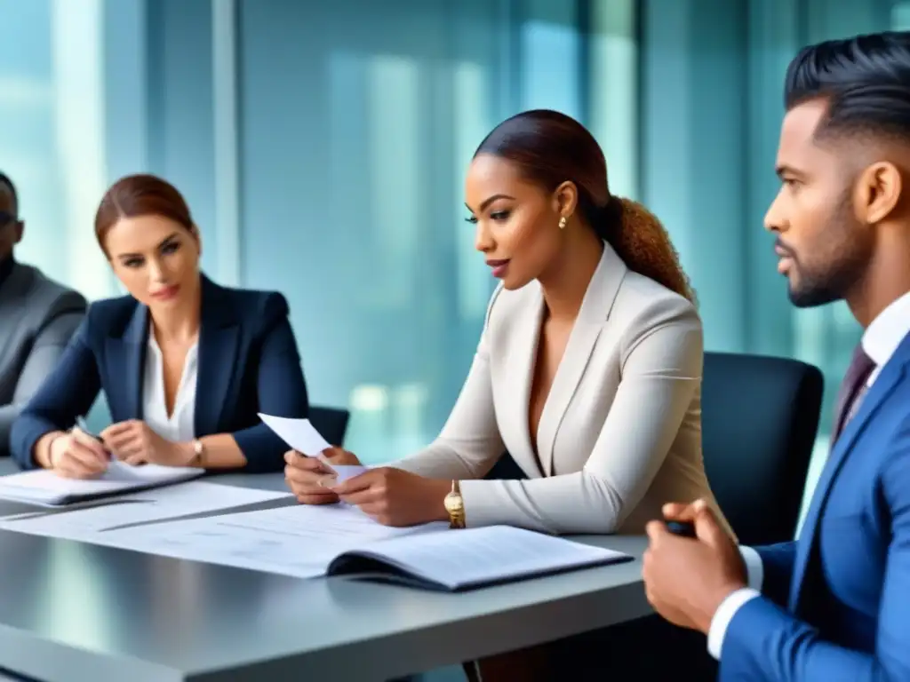 Profesionales financieros colaborando en oficina luminosa Equipo diverso de profesionales discutiendo documentos financieros y contratos inmobiliarios en una oficina luminosa y moderna