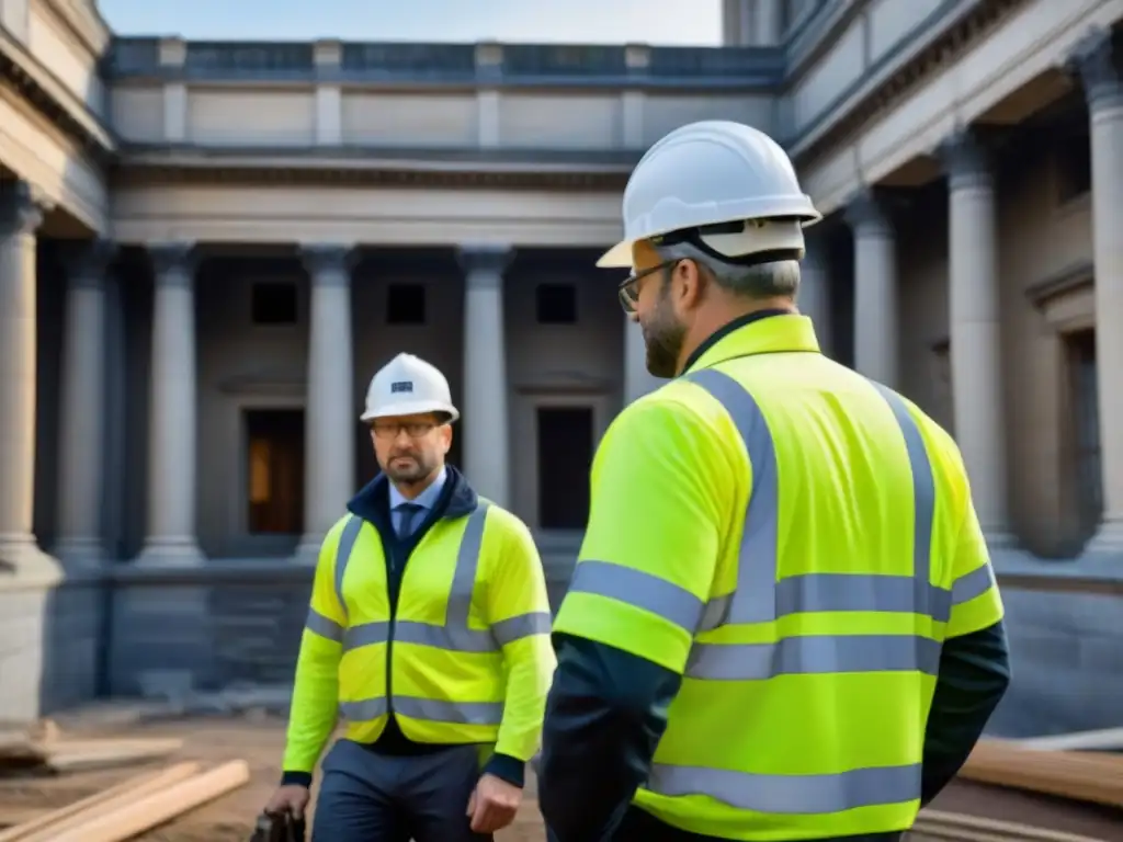 Equipo diverso preservando edificio histórico con gestión de riesgos Un equipo diverso de profesionales protege un edificio histórico con la gestión de riesgos en conservación patrimonial