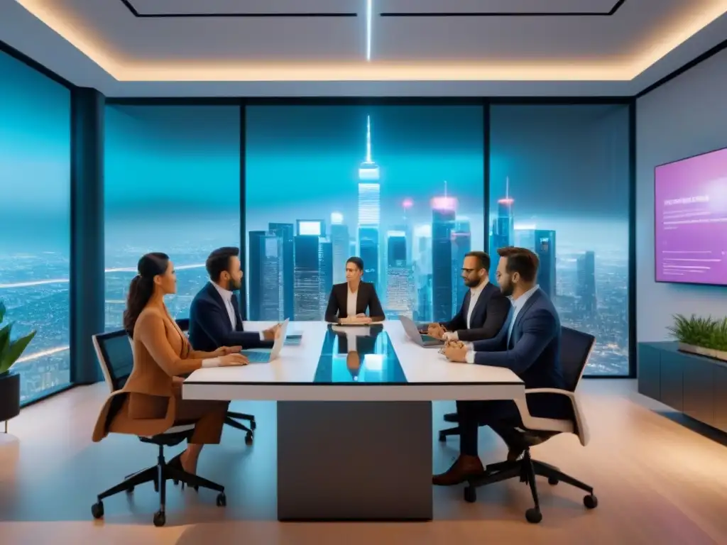Oficina Inmobiliaria Futurista: Equipo Diverso y Tecnología Avanzada Un equipo diverso de profesionales de empresas inmobiliarias IA colaborando en una oficina moderna y tecnológica