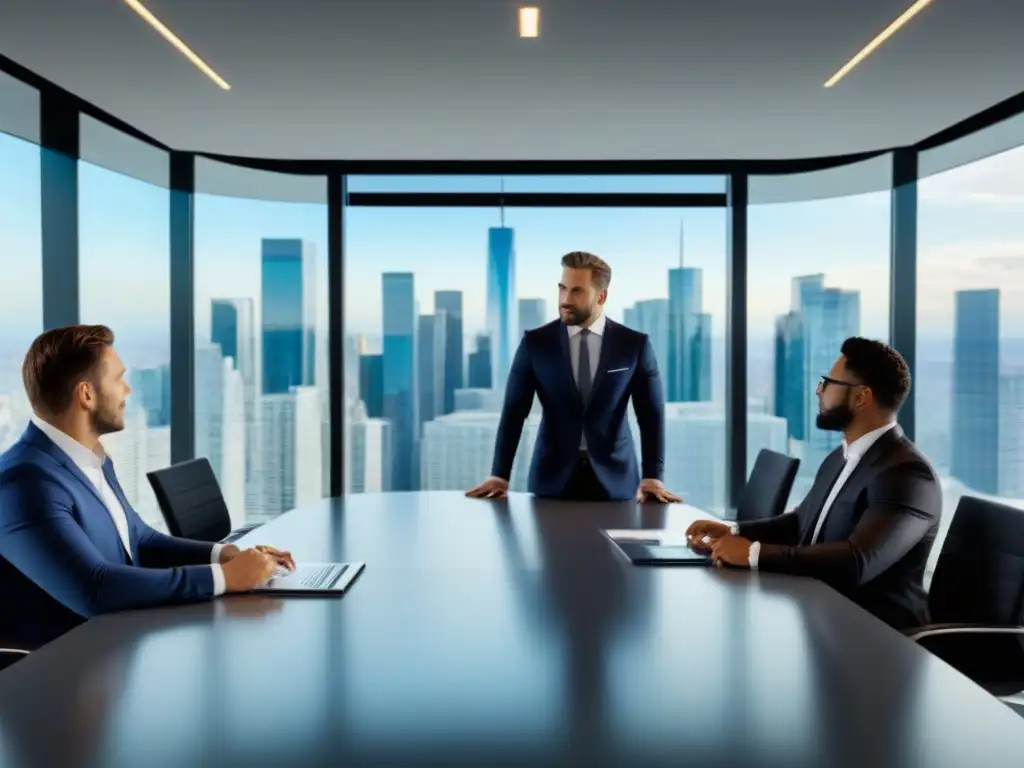 Profesionales diversificados debatiendo estrategias de inversión inmobiliaria en una moderna sala de juntas Equipo diverso de profesionales discutiendo estrategias de inversión inmobiliaria en una moderna sala de juntas, con previsions mercado inmobiliario reserva federal