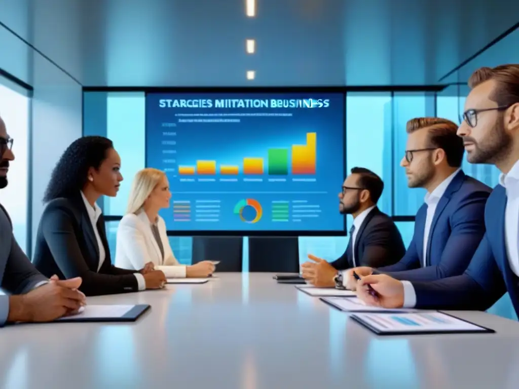 Estrategia financiera en desarrollo inmobiliario: reunión de profesionales Un equipo diverso de profesionales discute estrategias de mitigación de riesgos financieros inmobiliarios en una moderna oficina