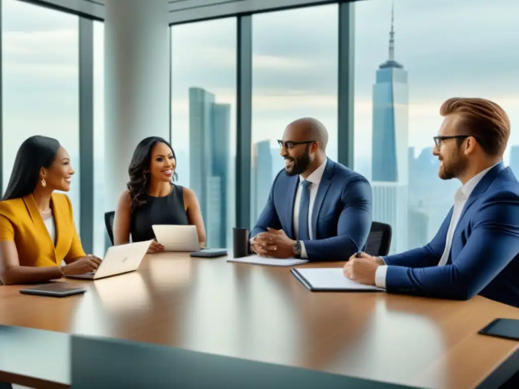 Reunión profesional de agentes inmobiliarios en oficina moderna Equipo diverso de profesionales inmobiliarios colaborando con ética en una moderna oficina con vista a la ciudad