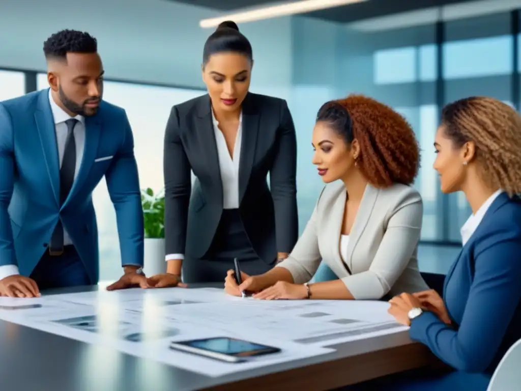 Equipo diverso de profesionales inmobiliarios en oficina sostenible Equipo diverso de profesionales inmobiliarios colaborando en una oficina moderna, promoviendo la ética en el mercado inmobiliario