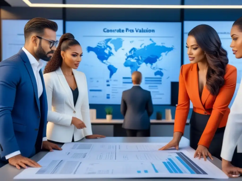Equipo diverso valora propiedad en oficina moderna - España Equipo diverso de profesionales inmobiliarios examinando planos y discutiendo factores de tasación en oficina moderna en España