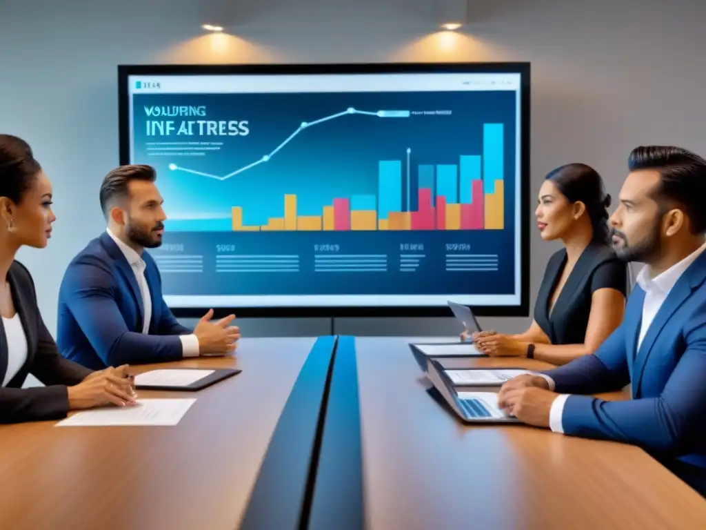 Equipo diverso de profesionales inmobiliarios en sala de juntas moderna Un equipo diverso de profesionales inmobiliarios discutiendo estrategias de gestión de riesgos en una moderna sala de juntas