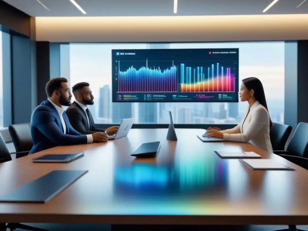Profesionales inmobiliarios analizan datos de mercado en holograma Equipo diverso de profesionales inmobiliarios analizando datos de investigación de mercado en una moderna oficina
