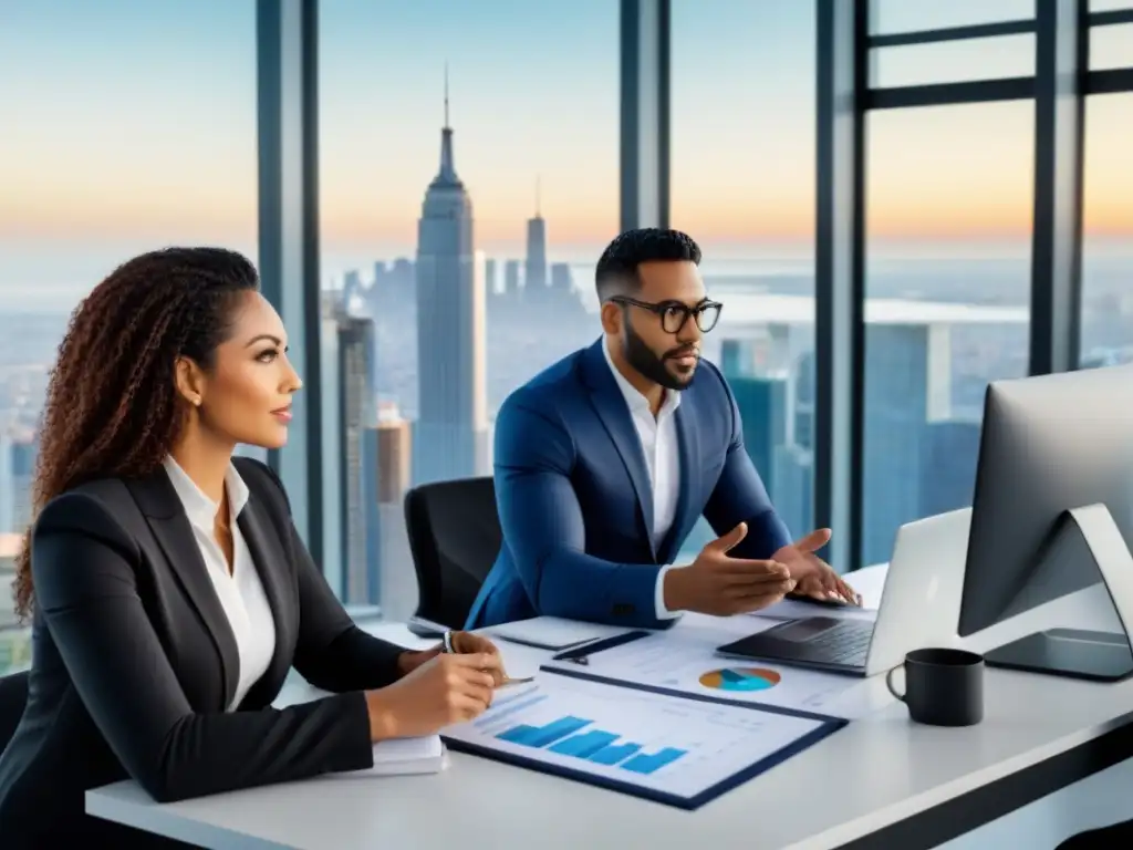 Profesionales inmobiliarios analizan financiamiento en oficina moderna Equipo diverso de profesionales inmobiliarios analizando gráficos de financiamiento hipotecario para inversiones inmobiliarias en una oficina moderna