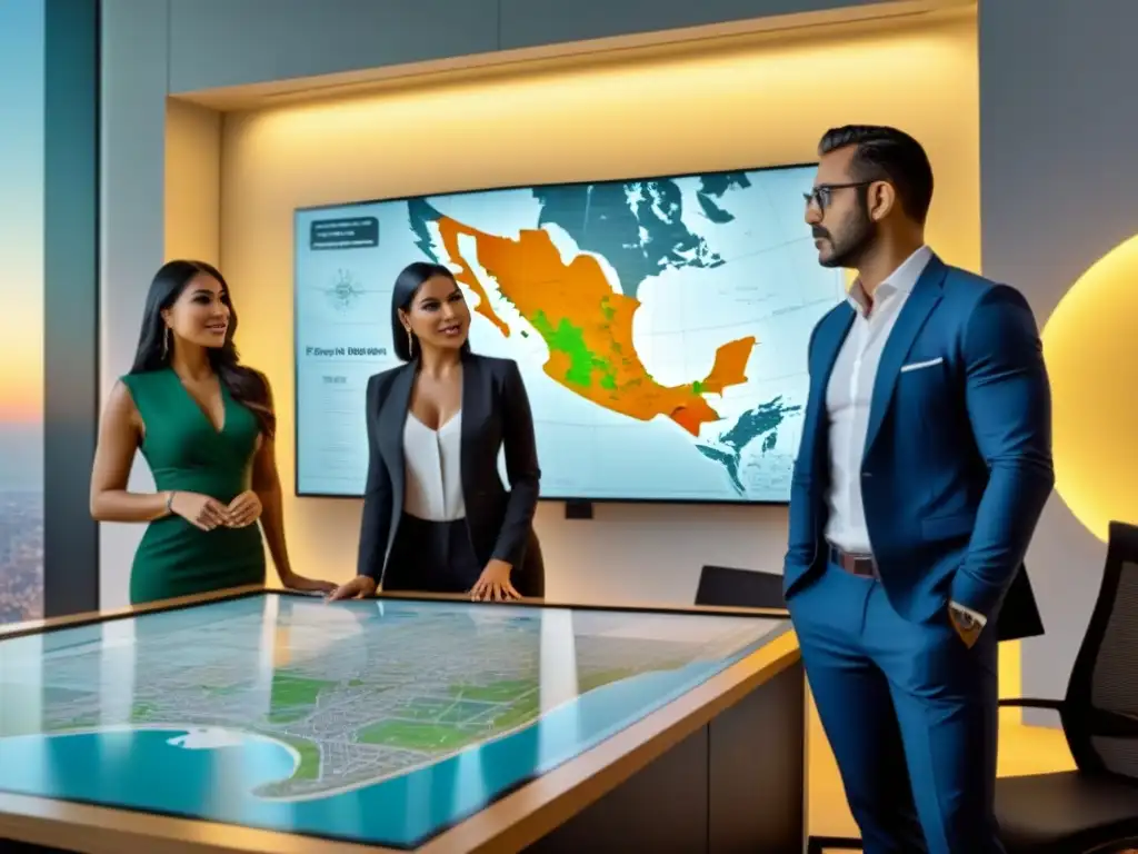 Profesionales inmobiliarios discutiendo planos en oficina moderna Un equipo diverso de profesionales inmobiliarios discutiendo planos en una oficina moderna con normativas inmobiliarias de México en pantalla
