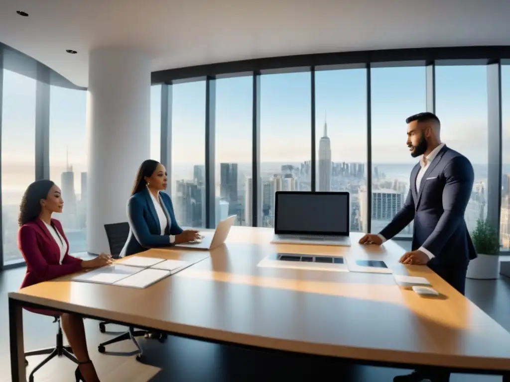 Profesionales inmobiliarios colaborando en oficina moderna Equipo diverso de profesionales inmobiliarios trabaja con ética en moderna oficina