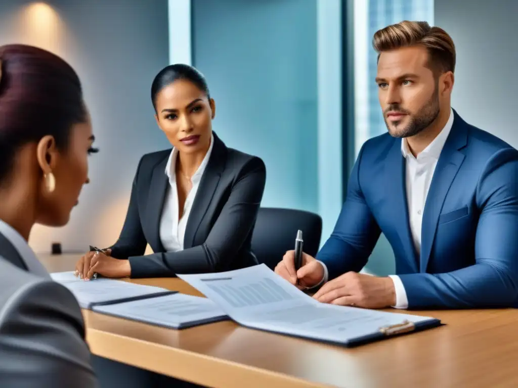 Equipo legal diverso revisando contratos inmobiliarios con expertise Equipo diverso de profesionales legales en una oficina sofisticada, revisando documentos de inversión inmobiliaria internacional