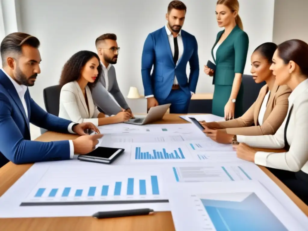 Equipo diverso de profesionales en reunión de inspección inmobiliaria Equipo diverso de profesionales en mesa con informes de inspección de propiedades en oficina moderna