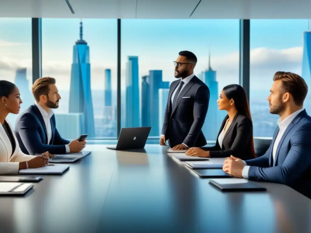 Reunión de profesionales en oficina moderna Un equipo diverso de profesionales discutiendo en una moderna oficina con vista a la ciudad