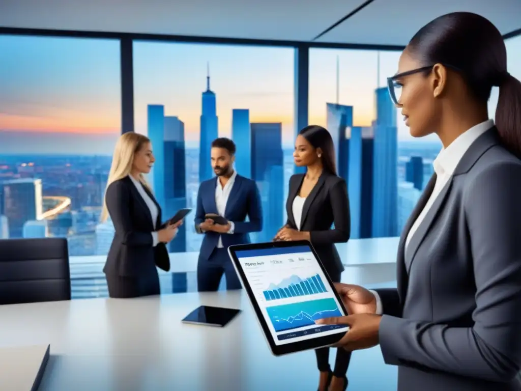 Inversión inmobiliaria colaborativa: equipo diverso en oficina tecnológica Un equipo diverso de profesionales colabora en una oficina de alta tecnología, analizando estadísticas de crowdfunding inmobiliario