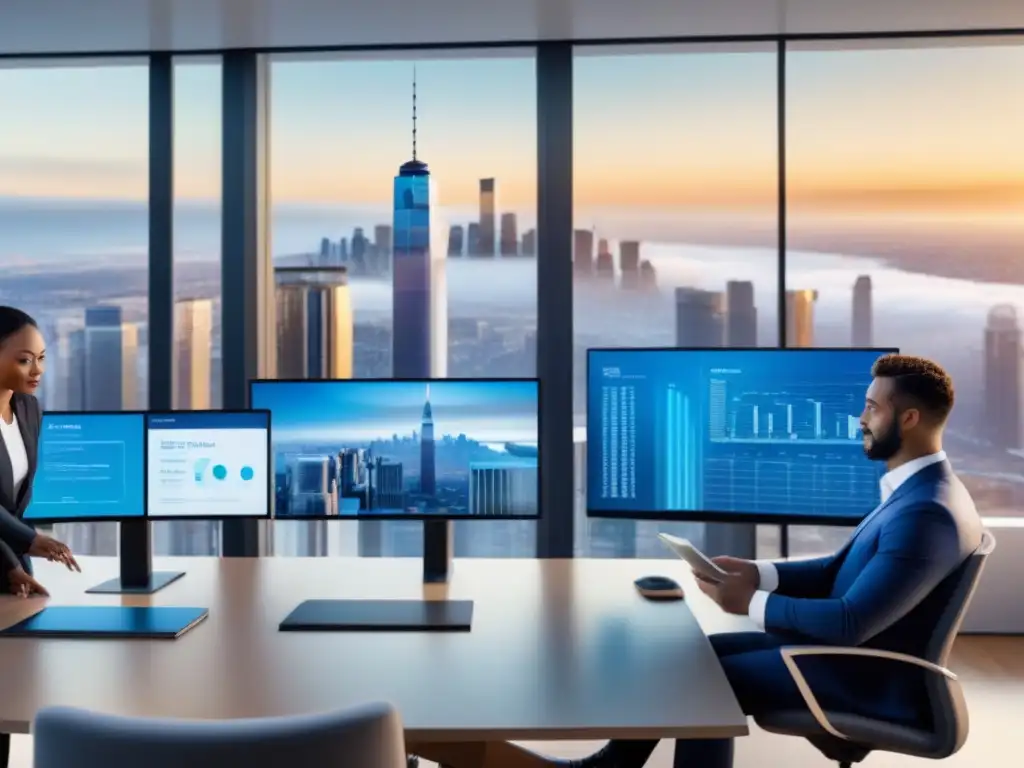 Profesionales debaten en oficina futurista con IA en sector inmobiliario Un equipo diverso de profesionales en una oficina futurista discute datos inmobiliarios y herramientas de AI