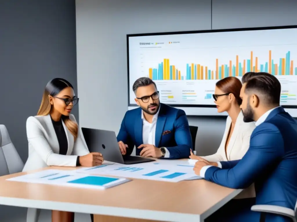 Equipo diverso de profesionales en una oficina minimalista, estrategizando sobre deuda hipotecaria