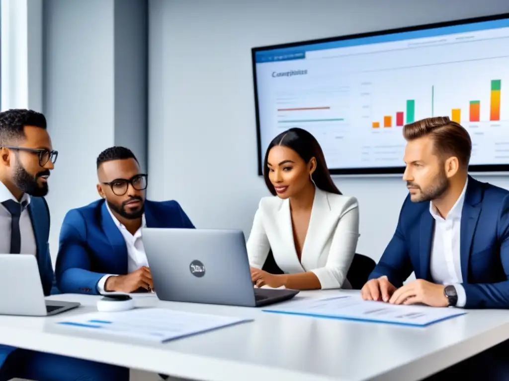 Equipo experto en refinanciamiento de hipotecas Un equipo diverso de profesionales colaborando en una oficina luminosa, discutiendo sobre refinanciamiento en término hipoteca
