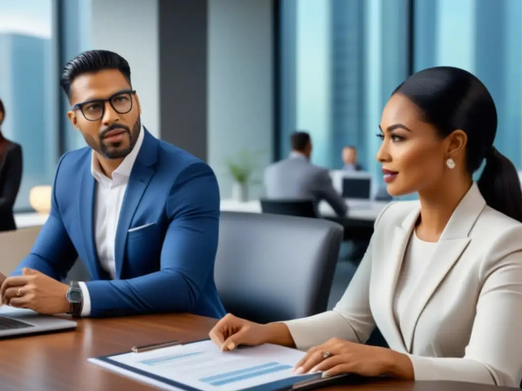 Equipo profesional en oficina moderna refinanciando hipotecas Un equipo diverso de profesionales en una oficina moderna, colaborando en documentos de refinanciamiento hipotecario y hablando sobre tendencias del mercado inmobiliario