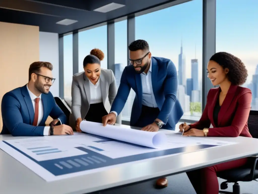 Equipo diverso de profesionales en oficina moderna Equipo diverso de profesionales en oficina moderna, trabajando en requisitos licencias ocupación inmobiliaria