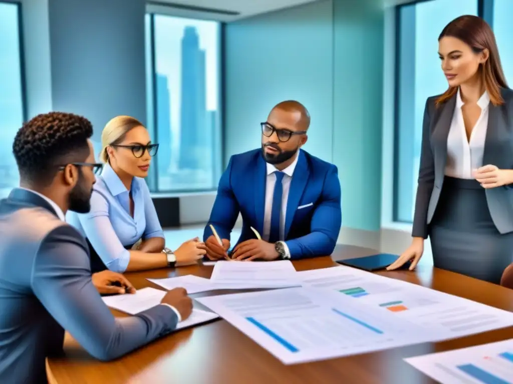 Equipo de profesionales en reunión estratégica con documentos financieros Un equipo diverso de profesionales colaborando en una oficina moderna, discutiendo beneficios fiscales SOCIMIs inversor