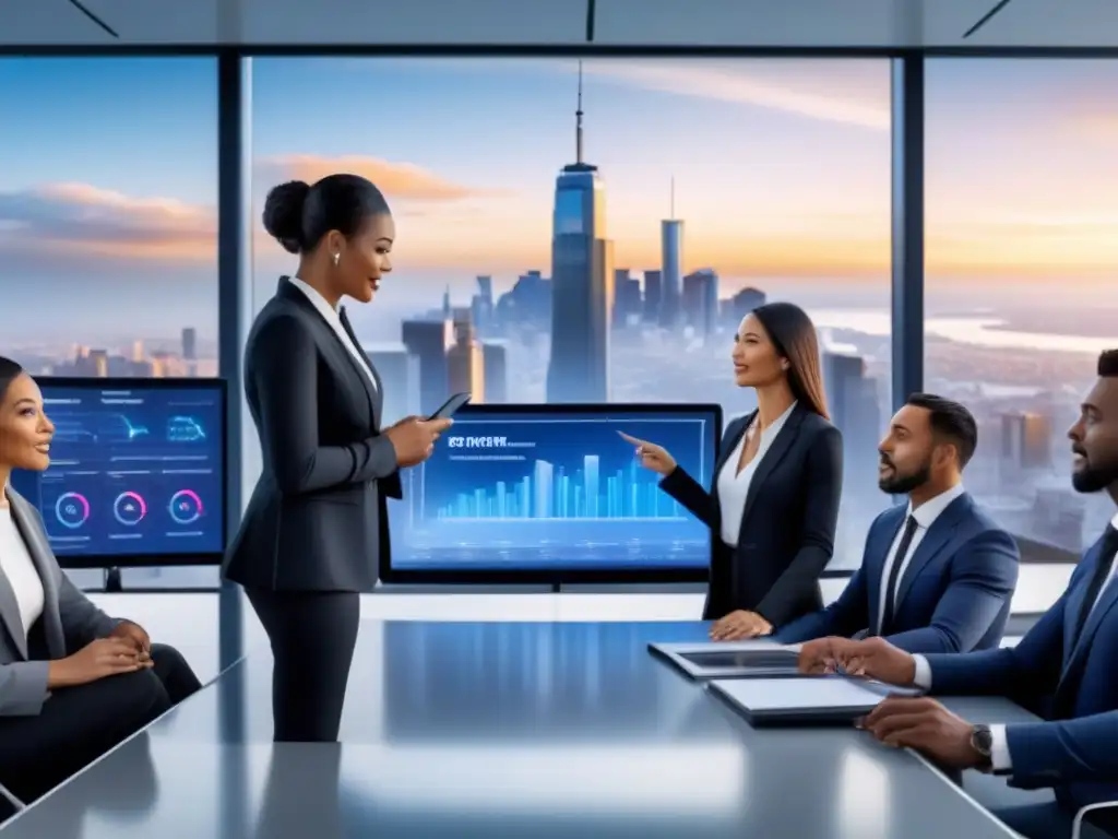 Profesionales expertos en seguros inmobiliarios: diversidad y éxito en oficina futurista Equipo diverso de profesionales en oficina futurista discutiendo la importancia de seguros inmobiliarios en inversión