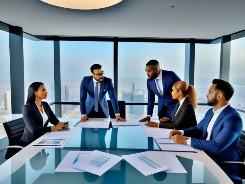 Equipo diverso de profesionales discutiendo planes financieros y proyectos inmobiliarios en moderna oficina con vistas panorámicas Un equipo diverso de profesionales discute planes financieros y proyectos inmobiliarios en una oficina de alto nivel