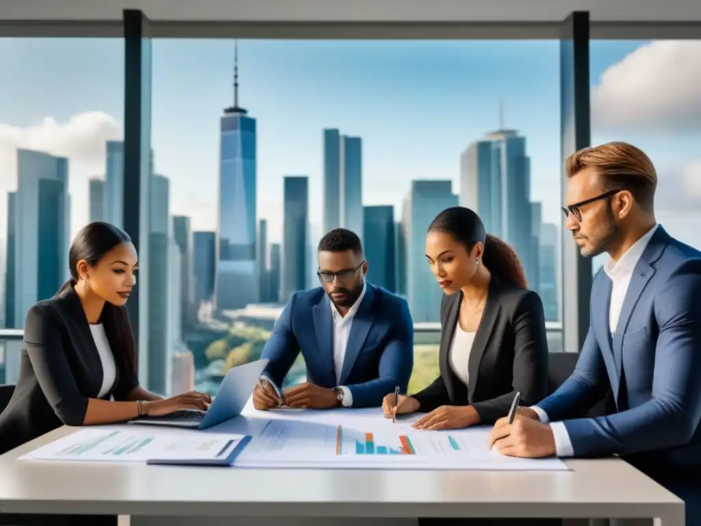 Equipo multicultural analizando planos y documentos financieros en reunión de inversión inmobiliaria Un equipo diverso de profesionales analiza planos y documentos financieros en una sala moderna, con vista a la ciudad