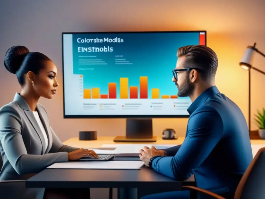 Profesionales analizan inversiones inmobiliarias con modelos predictivos Equipo diverso de profesionales colaborando en plataforma digital, analizando datos de inversión inmobiliaria con modelos predictivos avanzados