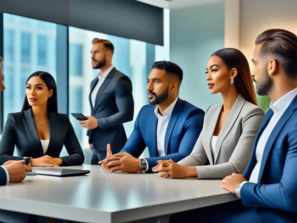 Equipo diverso en moderna oficina de gestión inmobiliaria Un equipo diverso de profesionales de gestión de propiedades en un moderno espacio de oficina, mostrando eficiencia y trabajo en equipo
